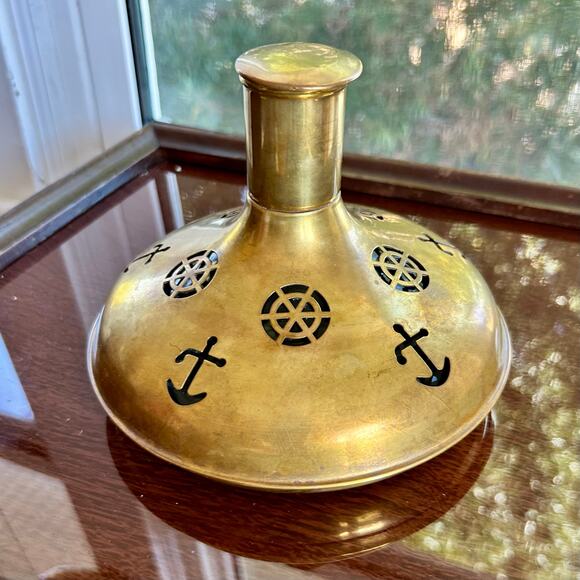 Vintage Swedish Captain’s Decanter – Brass Over Glass, Cork Top – Anchor Design - Picture 6 of 11